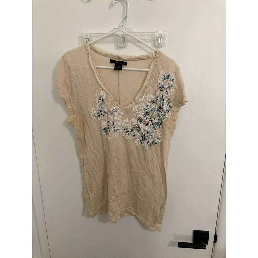 Calvin Klein Jeans Women's Embroidered Floral Tank Top, Beige, XL